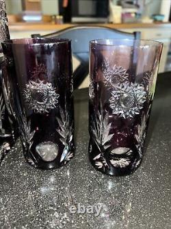 Cut To Clear Vintage Decanter 9.5' & 2 5 1/4' Glasses Amethyst Clear