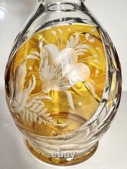 Czech Bohemia Crystal Amber Cut To Clear Decanter w\Floral Motif & Mushroom Top