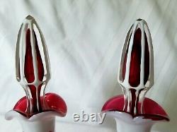Czech Bohemian Art Glass White Cut To Cranberry Clear Decanter Pair Stoppers
