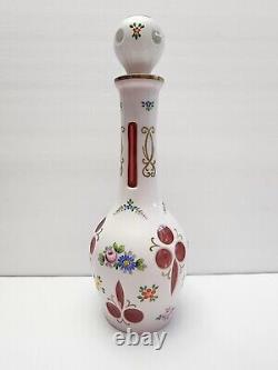 Czech Bohemian Cased White Glass Cut to Cranberry Ruby Decanter with Stopper & cup