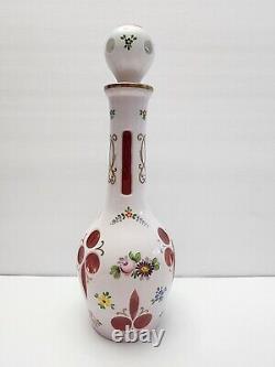 Czech Bohemian Cased White Glass Cut to Cranberry Ruby Decanter with Stopper & cup