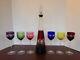 Czech Bohemian Cut To Clear Multi-colored Wine Decanter & 6 Goblets Glasses Set