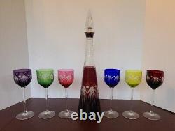 Czech Bohemian Cut to Clear Multi-Colored Wine Decanter & 6 Goblets Glasses Set