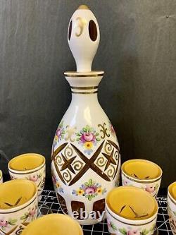 Czech Bohemian Glass Decanter & Cordials White Cased Overlay Cut to Amber Floral