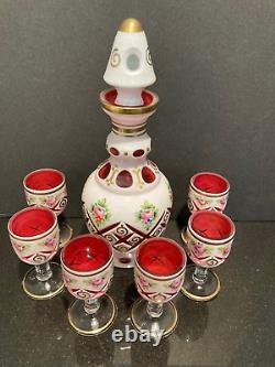 Czech Bohemian White Cased Overlay Cut to Cranberry Decanter & Six Cordials