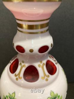 Czech Bohemian White Cased Overlay Cut to Cranberry Decanter & Six Cordials
