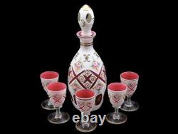 Czech Bohemian White Cased Overlay Cut to Cranberry Decanter and Five Cordials