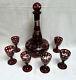 Czech Egermann Art Glass Red/ruby Cut To Clear Bohemian Decanter With 6 Glass