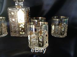 Czech bohemia crystal cut glass Whisky set 6x glasses + 1x decanter gold