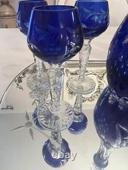 Decanter Bohemian Cobalt Blue Cut Crystal Glass 6 Glasses Shot Wine