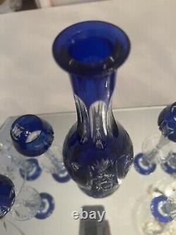 Decanter Bohemian Cobalt Blue Cut Crystal Glass 6 Glasses Shot Wine