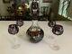 Decanter Bohemian Cut To Clear Amethyst Crystal & 4 Lausitzer Cordials