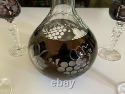 Decanter Bohemian Cut to Clear Amethyst Crystal & 4 Lausitzer Cordials
