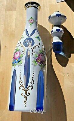 Decanter-Gorgeous Antique Bohemian Hand Painted Cased White Cut to Blue