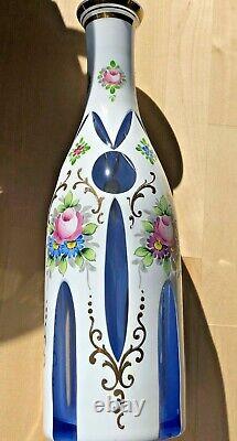 Decanter-Gorgeous Antique Bohemian Hand Painted Cased White Cut to Blue