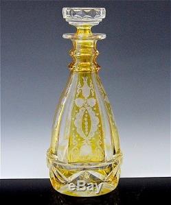 EXQUISITE PAIR VICTORIAN BOHEMIAN YELLOW CUT TO CLEAR GLASS WHISKEY DECANTERS
