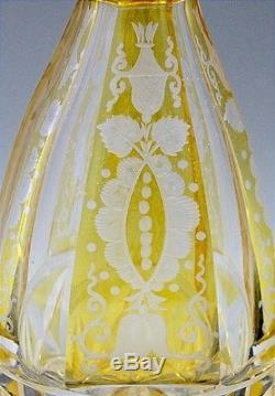 EXQUISITE PAIR VICTORIAN BOHEMIAN YELLOW CUT TO CLEAR GLASS WHISKEY DECANTERS