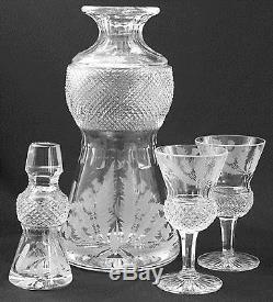 Edinburgh Thistle Cut Glass 11 1/2 Decanter And 2 Sherry Stems Made In Scotland