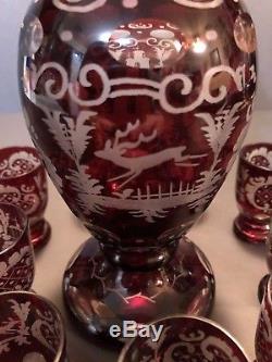 Egermann Ruby Red Cut to Clear Art Glass Decanter with Stopper & 9 Cordial Set
