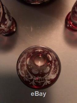 Egermann Ruby Red Cut to Clear Art Glass Decanter with Stopper & 9 Cordial Set