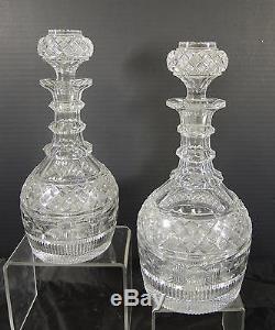 Elegant Matched Pair of 1840s Three Ring Wheel Cut Crystal Decanters