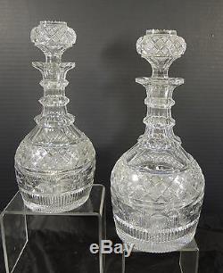 Elegant Matched Pair of 1840s Three Ring Wheel Cut Crystal Decanters