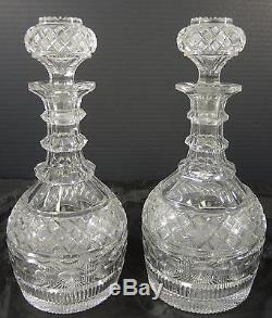 Elegant Matched Pair of 1840s Three Ring Wheel Cut Crystal Decanters