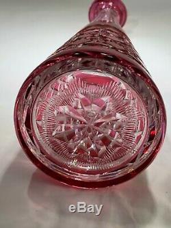 Elegant Val Saint Lambert Large Cut Crystal Cranberry To Clear Decanter