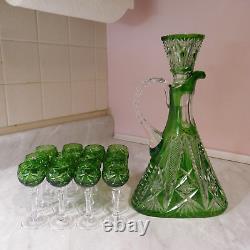 Emerald Green Cut Crystal Decanter w Handle & Stopper 12 Cordial Liqueur Glasses