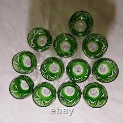 Emerald Green Cut Crystal Decanter w Handle & Stopper 12 Cordial Liqueur Glasses