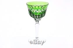 Emerald Green Cut to Clear Cased Crystal Wine Decanter & 6 Goblets Set Vintage