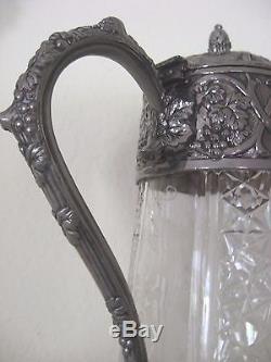 English Bacchus Head Claret Jug Grape Decor Silverplate Cut Glass Wine Decanter