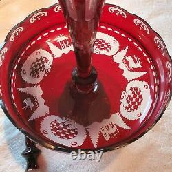 Epergne Bohemian Ruby Red Cut Crystal Center Piece Bowl With 2 Vases