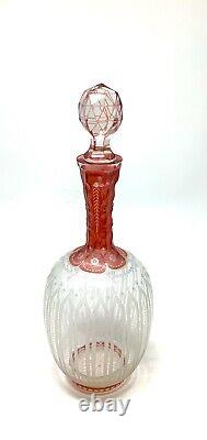 Exquisite ANTIQUE Etched Clear WithCranberry Moser Bohemian Cut Crystal DECANTER