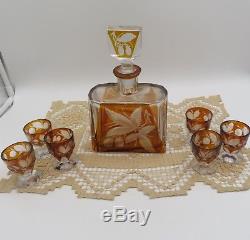 Exquisite Vintage Bohemian Amber Cut To Clear Decanter + 6 Cordial Glasses
