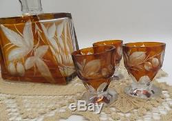 Exquisite Vintage Bohemian Amber Cut To Clear Decanter + 6 Cordial Glasses