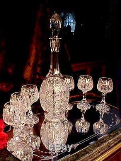 FAB1960's CUT GLASS Crystal Footd Decanter & 6 RING STEM Wine Glasses PANEL CUT