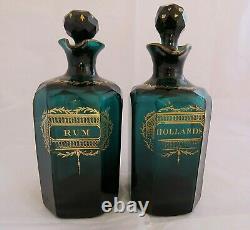FABULOUS PAIR OF GEORGIAN FACETED BRISTOL GREEN DECANTERS Rum and Hollands