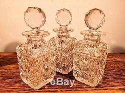 FABULOUS SMALL VICTORIAN LOCKING TANTALUS + 3 HAND CUT CRYSTAL DECANTERS c1870