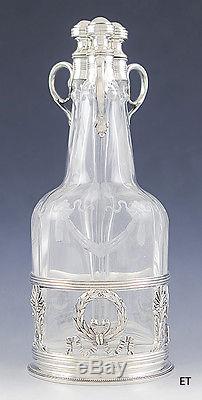 FINE GERMAN SILVER & CUT GLASS 3pc LIQUOR DECANTERS withSTAND