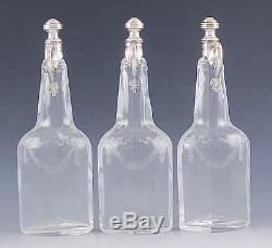 FINE GERMAN SILVER & CUT GLASS 3pc LIQUOR DECANTERS withSTAND