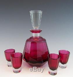 FINE Panel Cut CRANBERRY RUBY GLASS Decanter and 4 CORDIALS Moser Quality