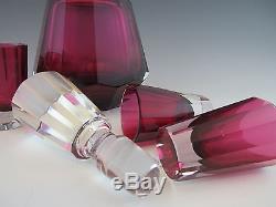 FINE Panel Cut CRANBERRY RUBY GLASS Decanter and 4 CORDIALS Moser Quality