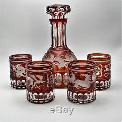 Faberge Crystal Decanter & 4 Glasses Czar Alexander the Great Case Cut Crystal