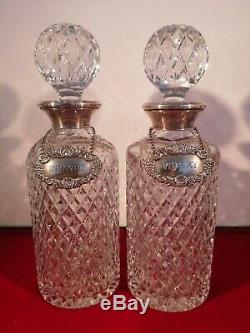 Fabulous Pair Of Silver Collared Decanters With Silver Labels Birmingham H/m