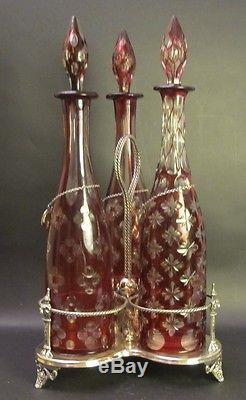Fine Antique Bohemian Ruby Cut Crytal Decanter Set with Sterling Tags c. 1920 vase