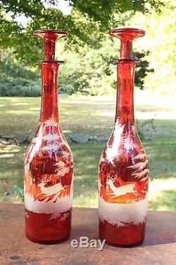 Fine Antique Ruby Red Bohemian Deer Etched Glass Decanter Set of 2 Cut To Clear