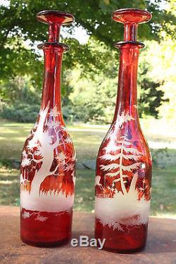Fine Antique Ruby Red Bohemian Deer Etched Glass Decanter Set of 2 Cut To Clear