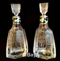Fine Guilloche Enamel & Cut Glass Decanters By Lenk Austria Art Nouveau Baccarat