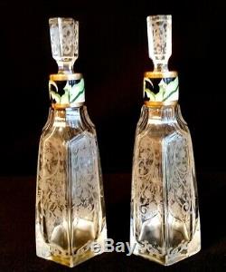 Fine Guilloche Enamel & Cut Glass Decanters By Lenk Austria Art Nouveau Baccarat
